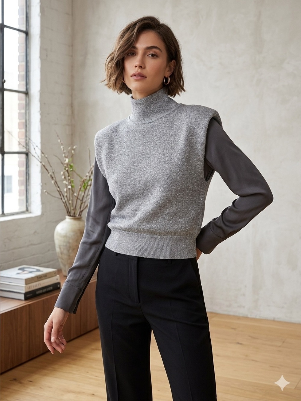 Sabina Musayev Silver Sleeveless Turtleneck Sweater Vest